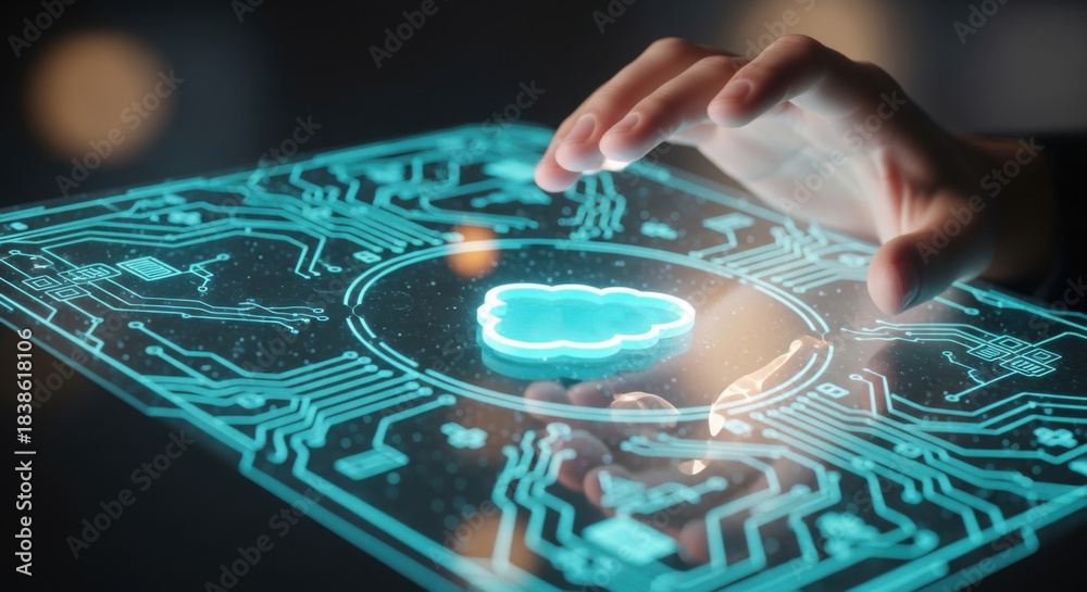 Naklejka premium A hand interacts with a digital tablet displaying a glowing blue cloud network in a dark ambient setting, highlighting future technology and connection.