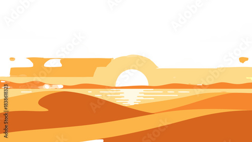 Pixel art landscape with a sun setting over a calm ocean reflecting golden light onto sandy dunes and clouds against a dark sky