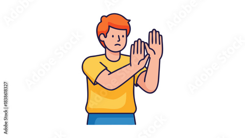Pixel Art Man With Orange Hair Wearing A Yellow T Shirt And Blue Shorts Holding Up Hands In A Stop Gesture On A Black Background