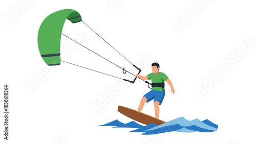 Pixel Art Person Kiteboarding on Water with Green Kite and Wooden Board on Black Background
