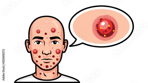 Pixel Art Portrait of a Bald Man with Acne and Pustules on His Face and Neck with a Close-up of a Zit in a Speech Bubble Illustration