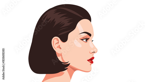 Pixel Art Portrait of a Woman Profile View with Dark Hair Red Lipstick and Subtle Makeup Against a Black Background