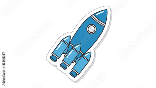 Pixel Art Blue Rocket Ship Blasting Off into Space on a Black Background with Subtle White Outline for a Retro SciFi Aesthetic