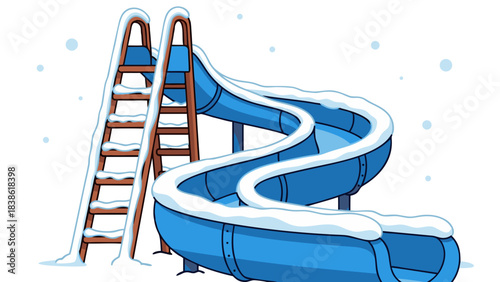 Pixel Art Blue Water Slide Covered In Snow With Ladder And Falling Snowflakes Outside In Winter Season