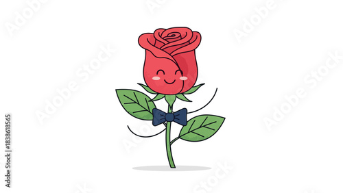 A cute red cartoon rose with a dark blue bowtie and simple stick arms