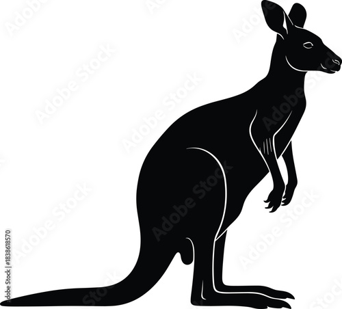 Majestic Black Kangaroo Silhouette Standing on Hind Legs, Representing Australian Wildlife, Marsupials, Outback Nature, and Powerful Hopping Animals, Vector Illustration.