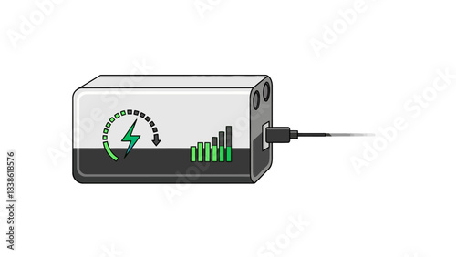 A device possibly a power bank displaying charging indicators with a cable plugged in