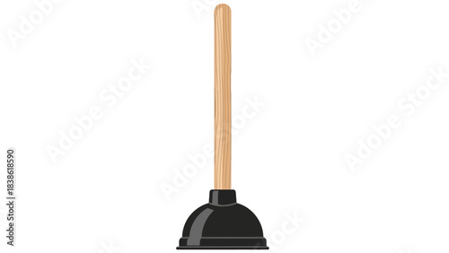 A black rubber plunger with a light wood handle on a white background
