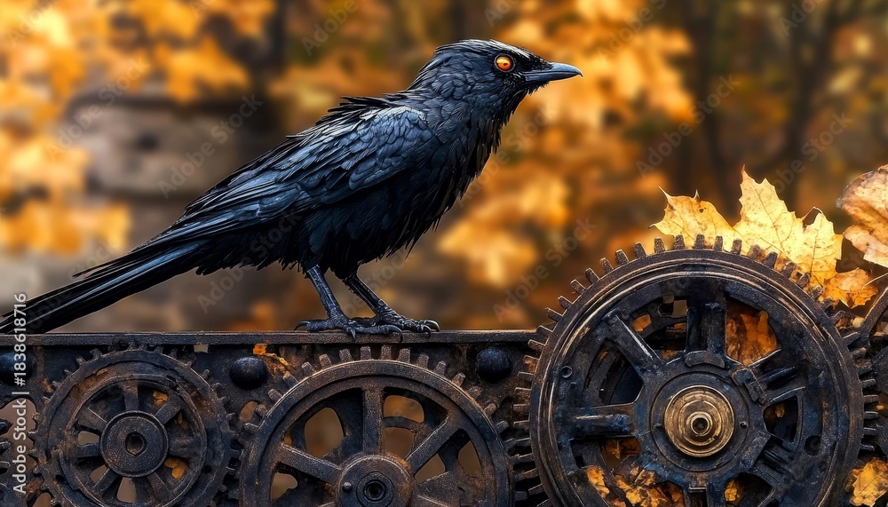 Obraz premium Intricate Gothic Mechanical Raven Perched on Clockwork Gears, Embracing Dark Steampunk Aesthetics