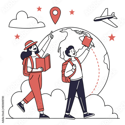 Two happy travelers exploring the world with books and backpacks ready for adventure.