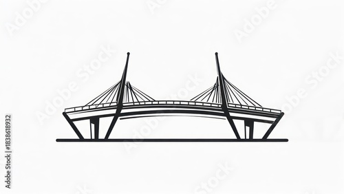 Monochromatic illustration of a cable-stayed bridge with two central pylons and a curved roadbed