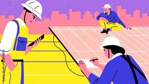 Technicians inspecting solar panels on rooftop clean energy site