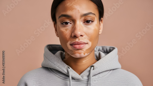 Confident young woman with vitiligo wearing gray hoodie looking at camera against neutral background, embracing natural skin differences and diverse beauty with calm self assured expression