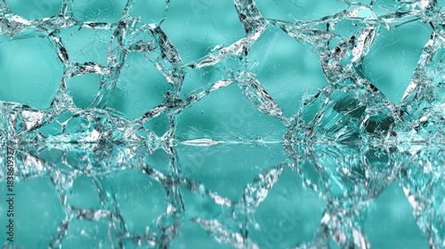 Abstract depiction of broken, reflective glass fragments over a teal colored background