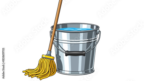 A metallic bucket filled with blue water sits next to a yellow string mop