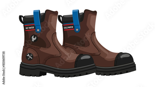 A pair of brown work boots with HOT WATER and COLD WATER labels