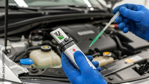 Mechanic checking car coolant with a refractometer for proper maintenance.