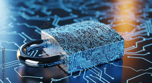 Close-up of a cyber security padlock on circuit board background illuminated with blue light, highlighting digital data protection and online safety.