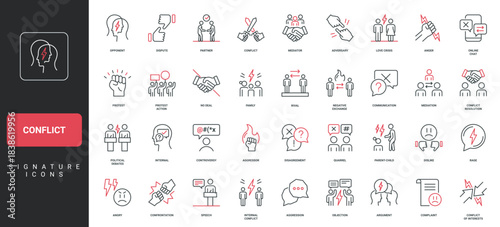 Conflict, dispute with opponent and confrontation between partners, disagreement, family quarrel line icon set. Love crisis, miscommunication thin black and red outline symbols vector illustration
