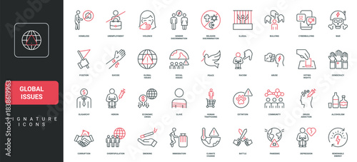Global issues, poverty and social discrimination, racism and economic crisis line icon set. Problem of addiction, refugee and violence to people thin black and red outline symbols vector illustration