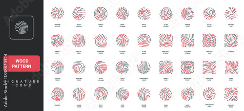Wood pattern and texture line icon set. Annual rings of forest tree, wavy and curved board lines, log cut section, circle and square topographic map thin outline symbols vector illustration