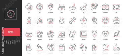 Pets, veterinary clinic, love and care for animal health, vet services line icon set. Pet shop location and items, grooming, dog and cat house thin black and red outline symbols vector illustration
