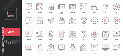 Video recording and editing, streaming and broadcasting, creative vlog line icon set. Music clip production and film reel, player buttons thin black and red outline symbols vector illustration