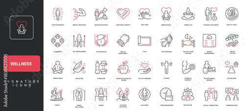 Modern wellness signature icons set featuring mindfulness, self care, fitness, nutrition, mental health, and lifestyle balance for health blogs, apps, and infographics vector illustration