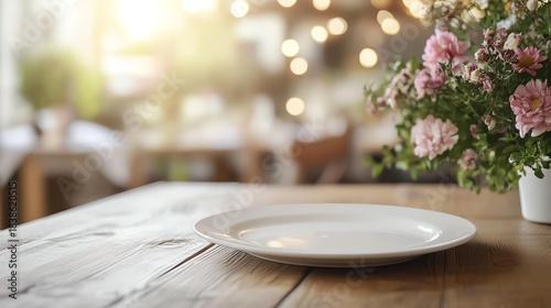 A serene dining table setting featuring an empty plate and a fresh bouquet of flowers, creating a warm and inviting atmosphere.