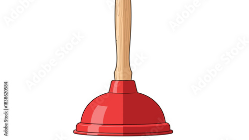 A red cup plunger with a wooden handle against a white background