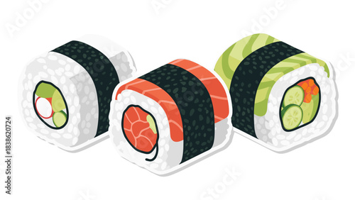 Pixel Art Sushi Rolls Featuring Salmon Avocado and Vegetable Fillings on a Black Background
