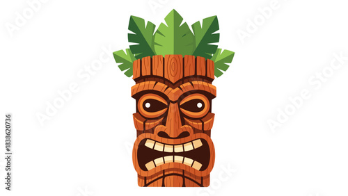 Pixel Art Tiki Mask With Fierce Expression and Green Leaves on Top Against Black Background Detailed Wood Texture and Cartoonish Eyes