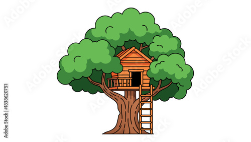 Pixel Art Treehouse With Ladder Set Against A Dark Background With Green Leaves And Brown Tree Trunk A Whimsical Childhood Structure Offering Adventure And Imagination