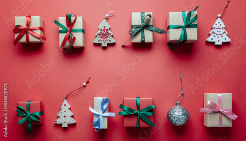 鮮やかな赤の背景。クリスマスプレゼント。ギフトイメージ。Bright red background. Christmas present. Gift image.