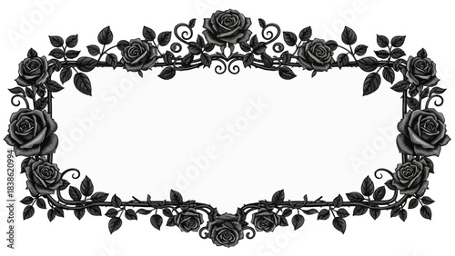 Elegant botanical frame with black roses and thorny branches for wedding designs