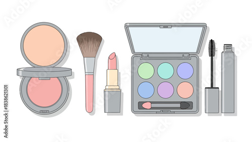 Assorted makeup products compact powder brush lipstick eyeshadow palette and mascara