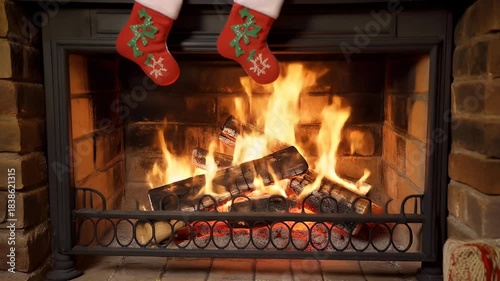 Christmas stockings hang above a cozy fireplace with a warm, crackling fire burning logs.