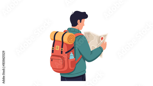 Back view of a hiker with a red backpack studying a map with a red pin