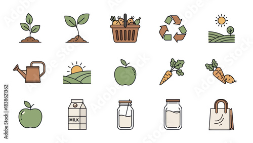 Collection of eco-friendly and sustainable lifestyle icons.