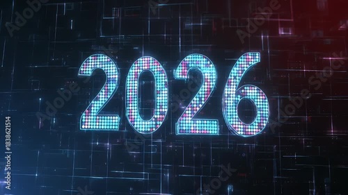 Digital glowing number 2026 on a dark futuristic circuit board background.