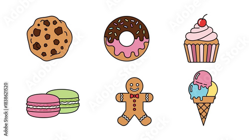 Assorted colorful desserts collection isolated on white background vector illustration