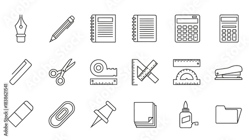 Assortment of office supplies and stationery items as outlined vector icons