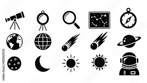 Astronomy and space exploration icons in black and white silhouette style