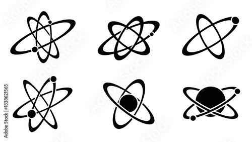 Atom illustrations science technology and research concepts in black and white