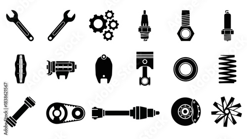 Automotive tools and parts vector illustration in monochrome style
