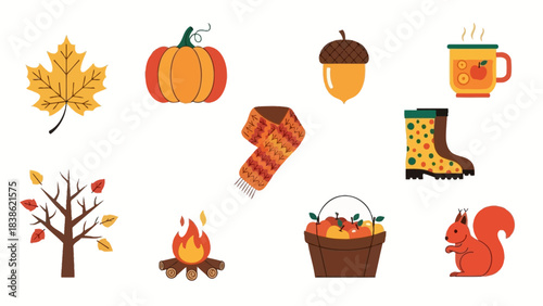 Autumnal elements collection leaf pumpkin acorn drink and more
