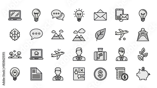 Collection of Hand-Drawn Business and Travel Icons.