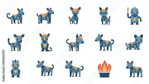 Cartoon robot dog characters in various poses with fire element illustration
