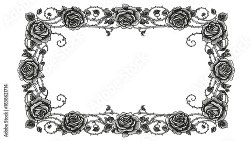Elegant rose frame design with thorns and leaves for vintage romantic projects