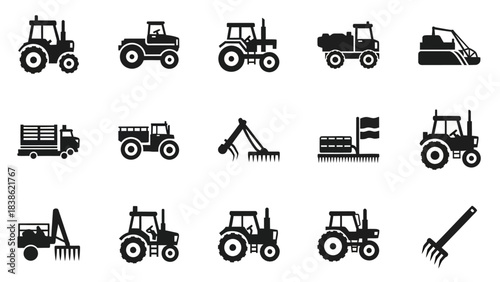 Collection of agricultural tractors and farm machinery icons in silhouette style